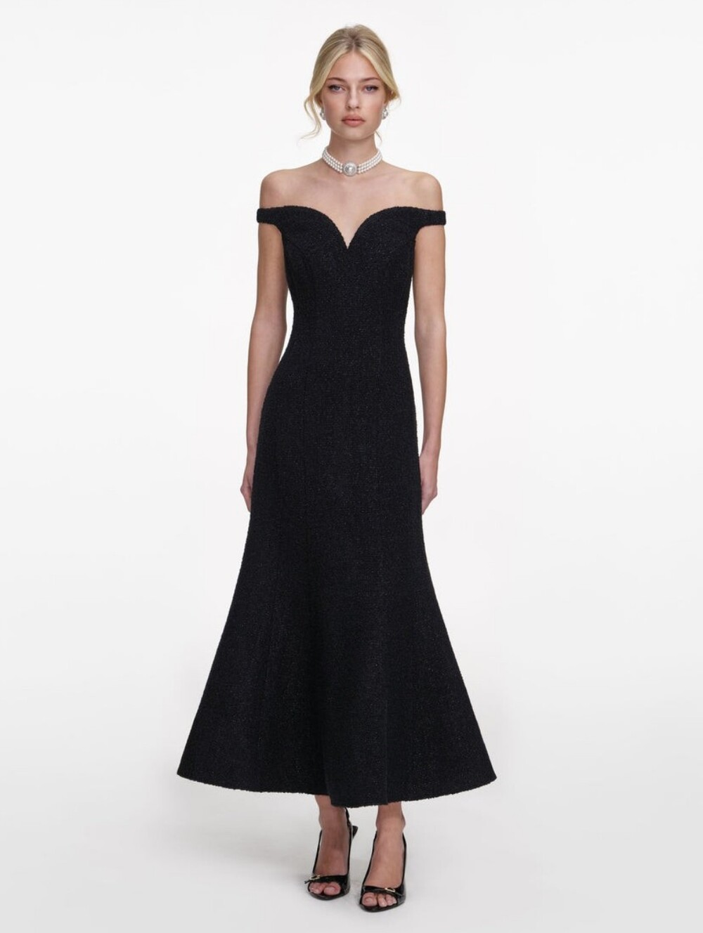 SELF-PORTRAIT off-shoulder boucle midi dress
